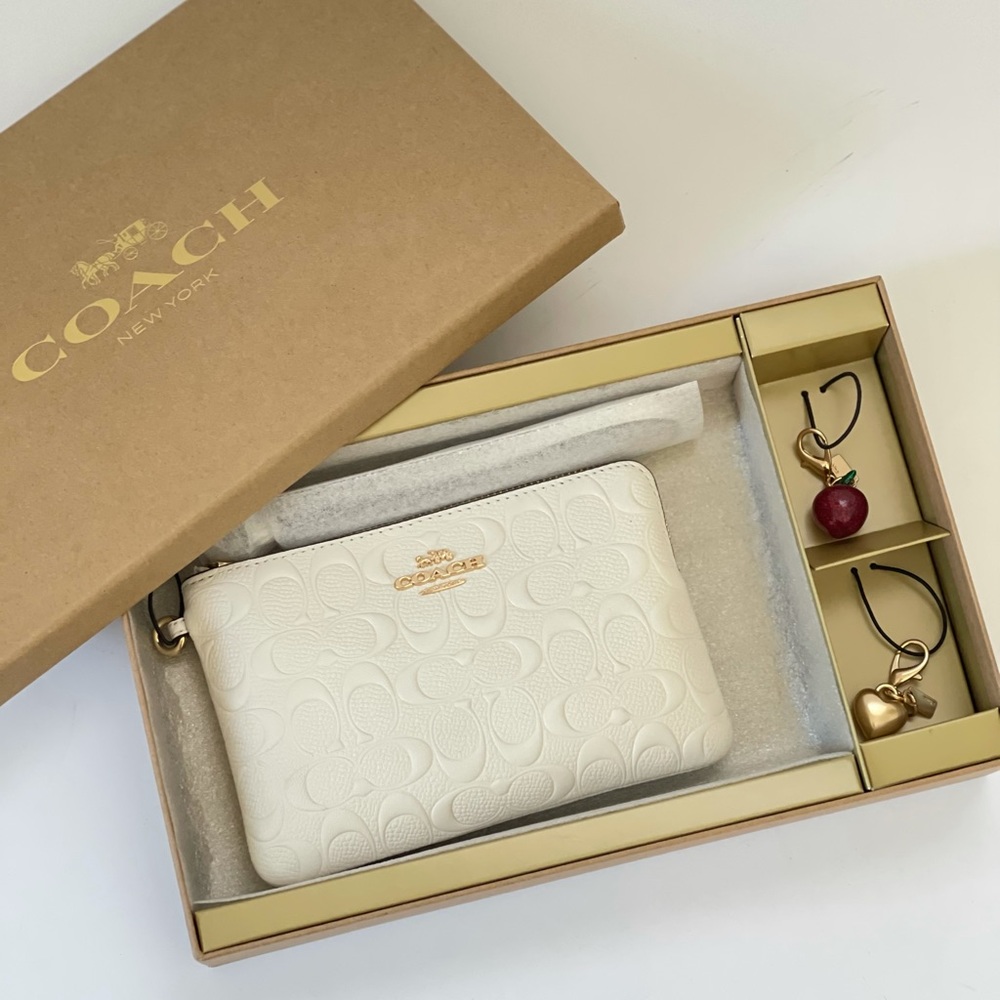 Coach Boxed Corner Zip Wristlet In Signature Leather With Apple & Heart Charms - Picture 7 of 15